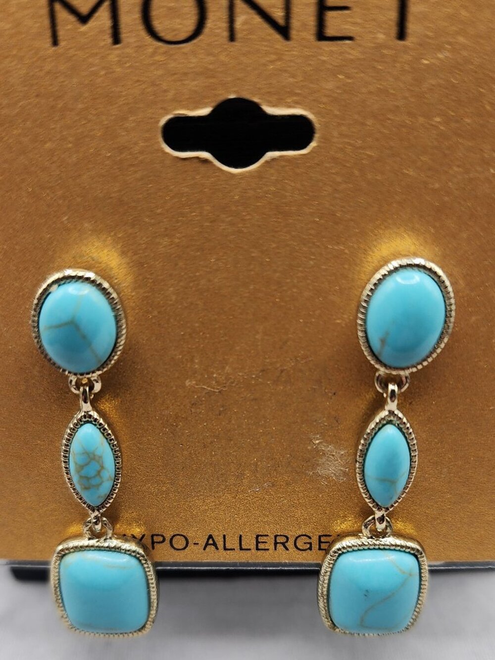Monet Turquoise Blue Triple Drop Dangle Earrings Gold Tone